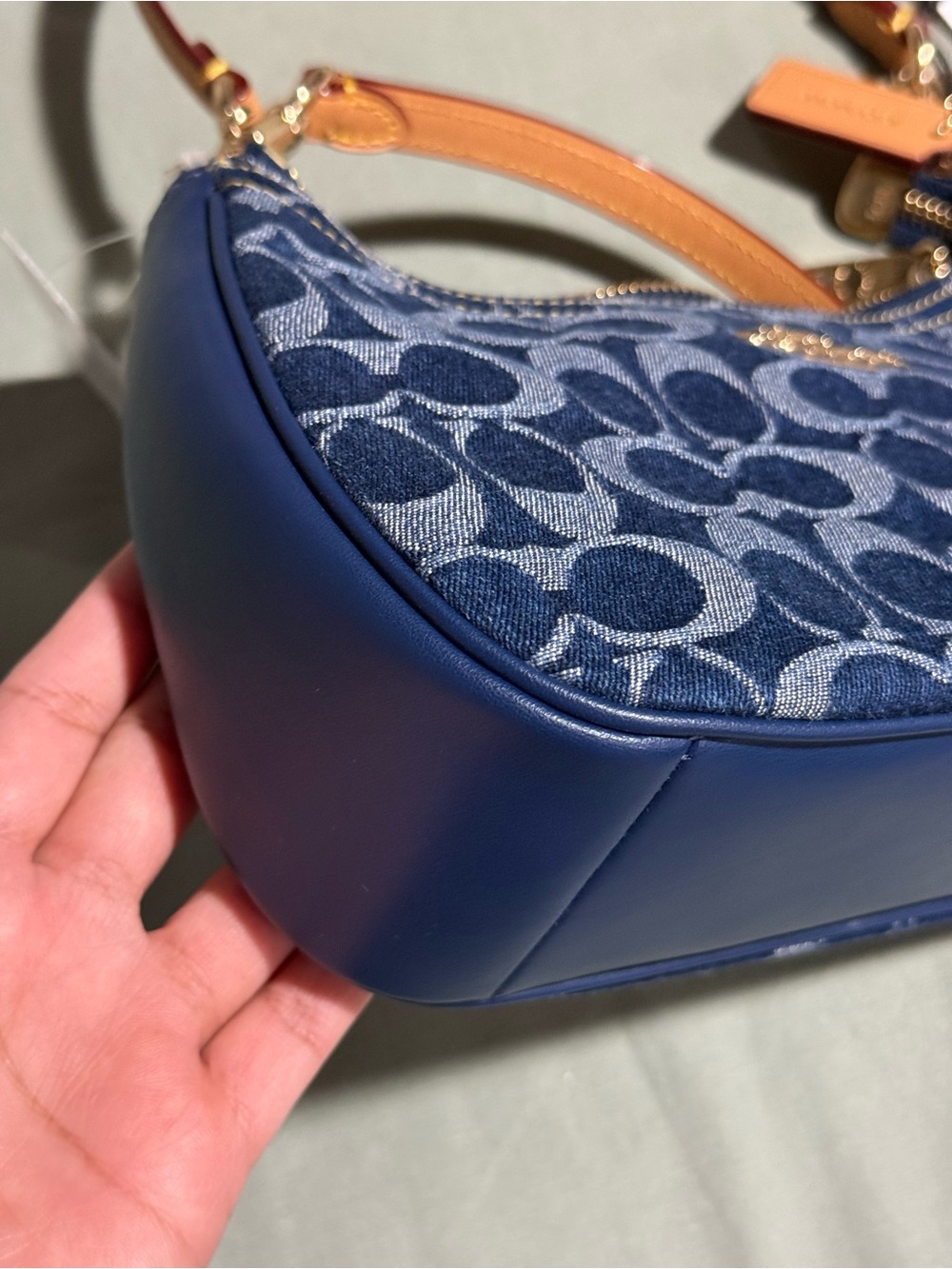 Coach Denim Signature Mini Shoulder Bag in Navy with Tan Strap - Picture 4 of 8